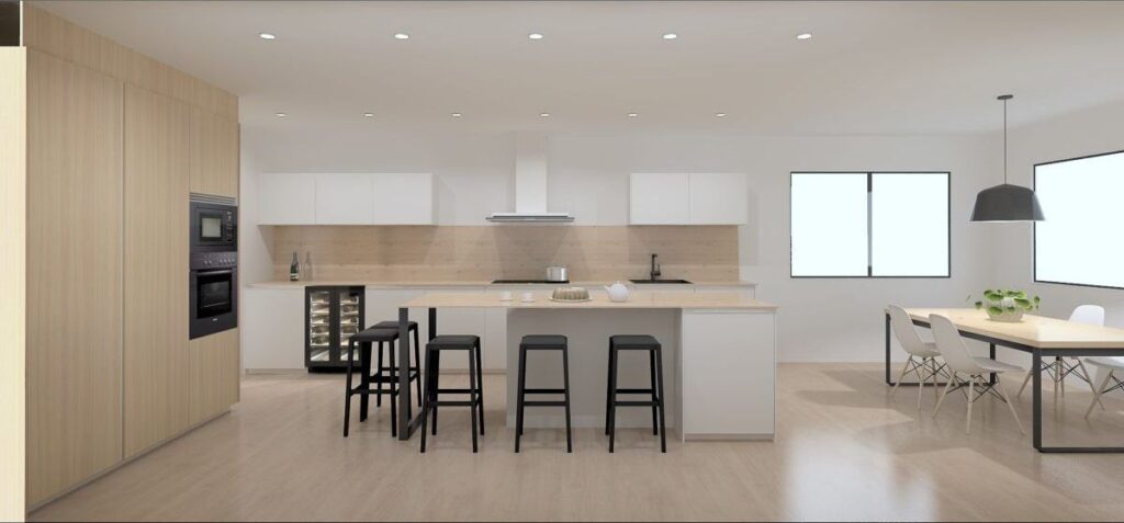 Render 3D de cocina con isla y comedor