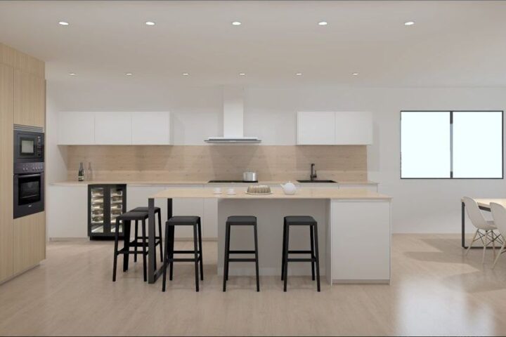Render 3D de cocina con isla y comedor