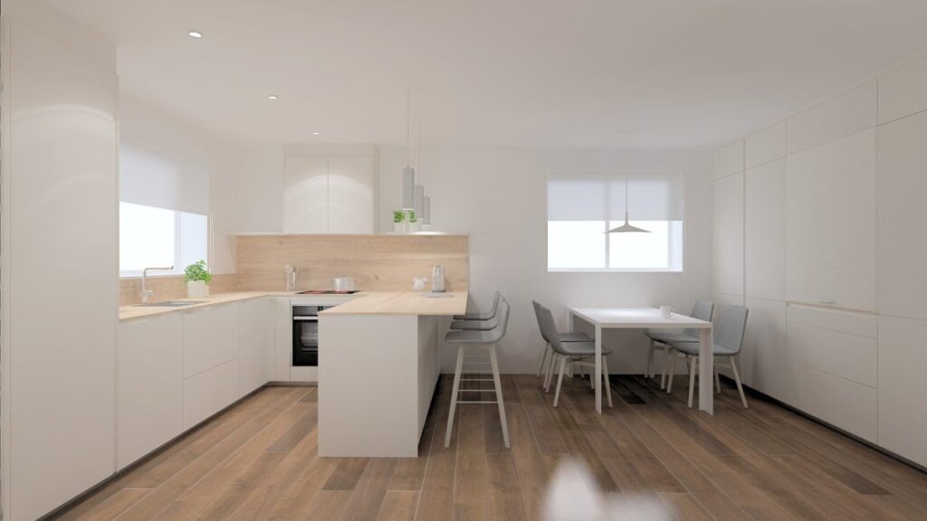 Render 3D de cocina en U con península