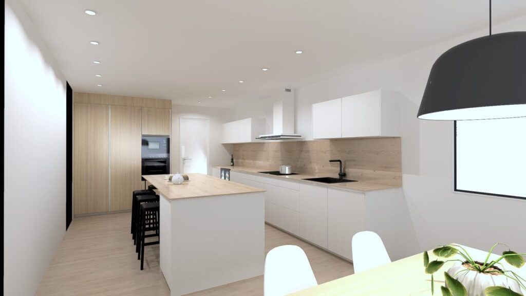 Render 3D de cocina con isla y lámpara colgante
