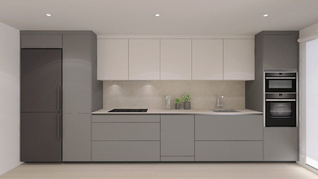 Render 3D de cocina lineal en gris con columnas