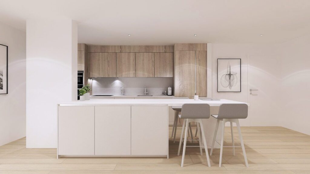 Render 3D de cocina abierta con isla