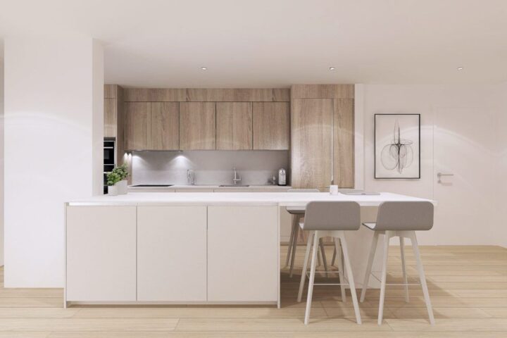 Render 3D de cocina abierta con isla