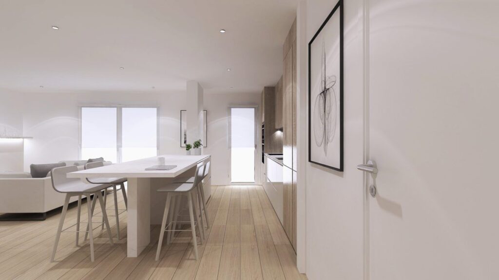 Render 3D de cocina abierta al salón