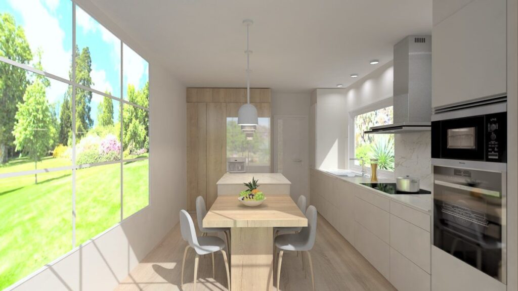 Render 3D de cocina lineal con mesa junto a la ventana