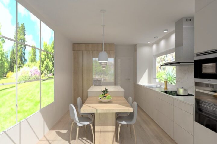 Render 3D de cocina lineal con mesa junto a la ventana